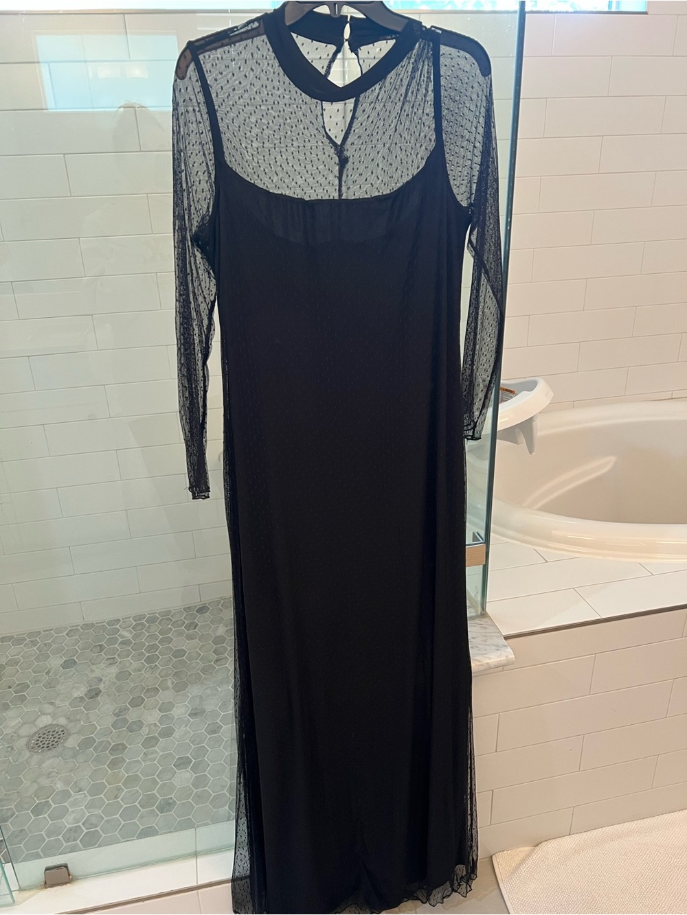 MARINA Black Long Sleeve Sheer Overlay Maxi Dress